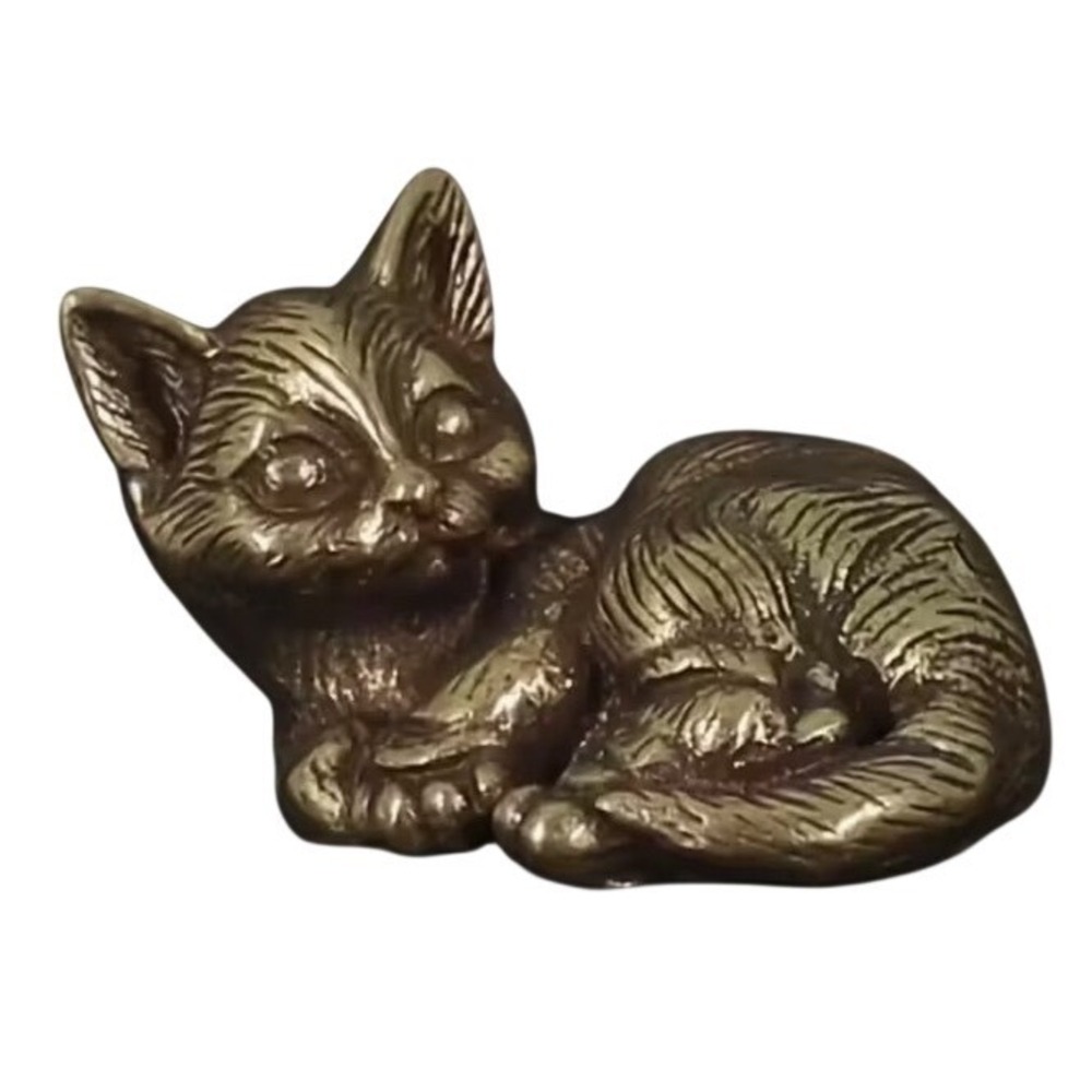 Cat Brass Cat Lying Down Figurine Miniature Kitty‎ Statue Collectible Decor